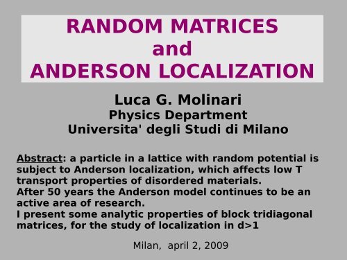 RANDOM MATRICES and ANDERSON LOCALIZATION - the Milan ...