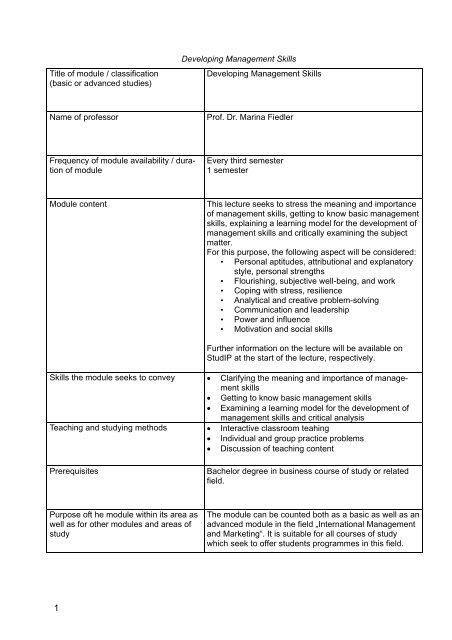 Developing Management Skills Title of module / classification (basic ...