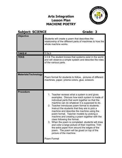 Arts Integration Lesson Plan MACHINE POETRY Subject: SCIENCE ...