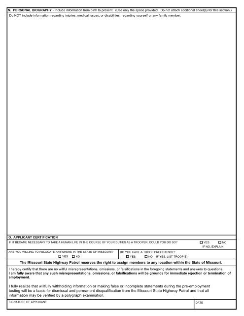 personal history statement - trooper - State Highway Patrol