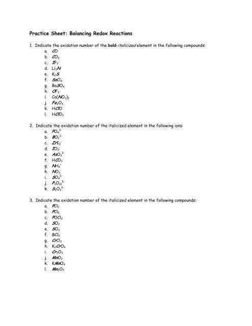 Practice Sheet: Balancing Redox Reactions