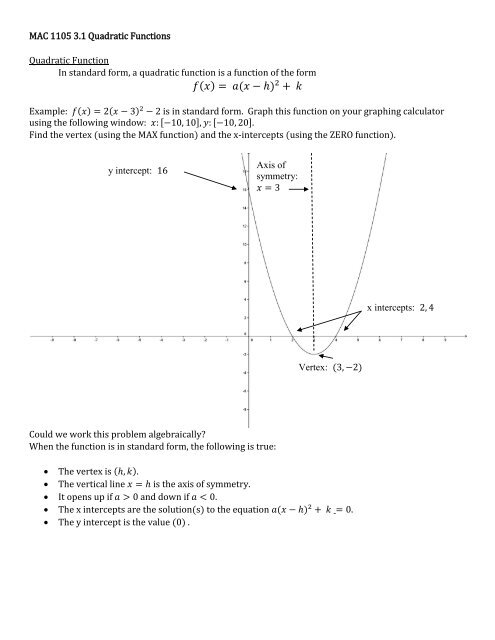 Mac 1105 31 Quadratic Functions Quadratic Function In