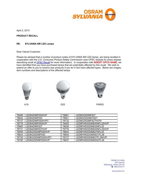 April 2, 2013 PRODUCT RECALL RE: SYLVANIA 8W LED Lamps ...