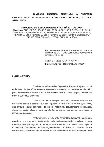 PROJETO DE LEI COMPLEMENTAR N 123, DE 2004 I - RELATÓRIO