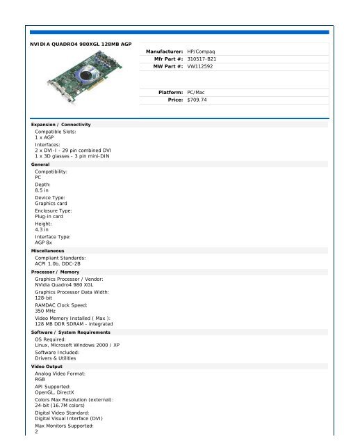 Nvidia Quadro4 980XGL 128MB AGP Graphics Card