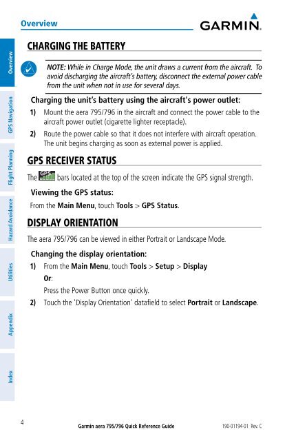 aera 796 Quick Reference Guide