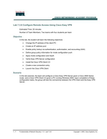 Lab 7.3.6 Configure Remote Access Using Cisco Easy VPN
