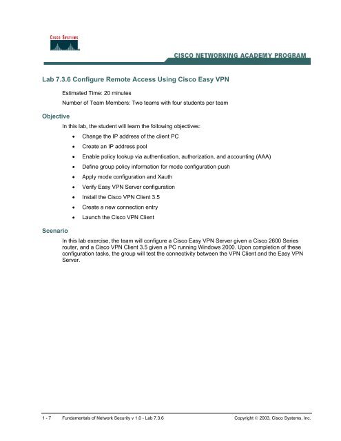 Lab 7.3.6 Configure Remote Access Using Cisco Easy VPN