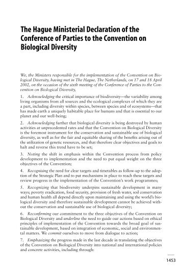 Hague Ministerial Declaration - Convention on Biological Diversity