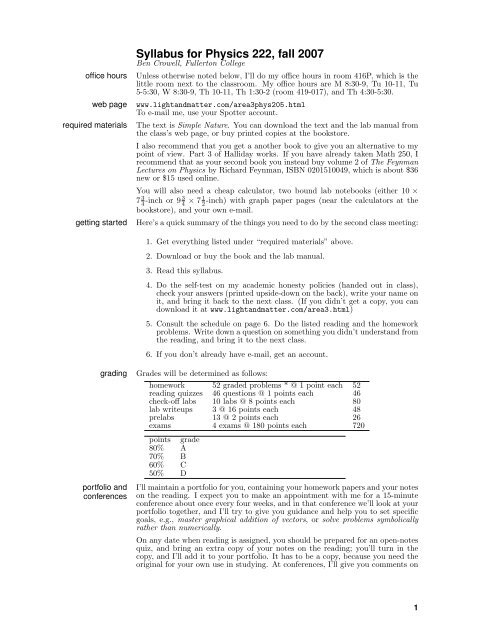 Syllabus for Physics 222, fall 2007 - Light and Matter