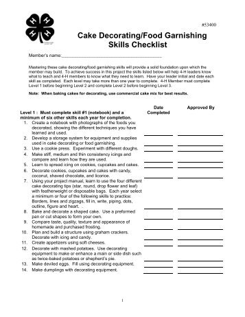 Cake Decorating/Food Garnishing Skills Checklist