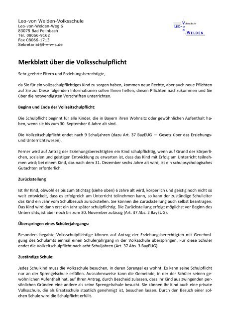 Merkblatt Uber Die Volksschulpflicht Auf Der Homepage Der Leo