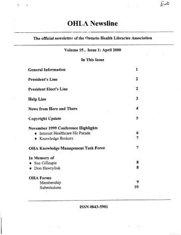 E2.15 NEWSLINE V15 1-3 2000 - Ontario Health Libraries Association