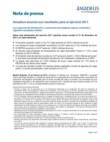 Amadeus anuncia sus resultados para el ejercicio 2011