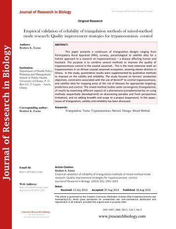 Empirical validation of reliability of triangulation methods of mixed-method mode research: Quality improvement strategies for trypanosomiasis control
