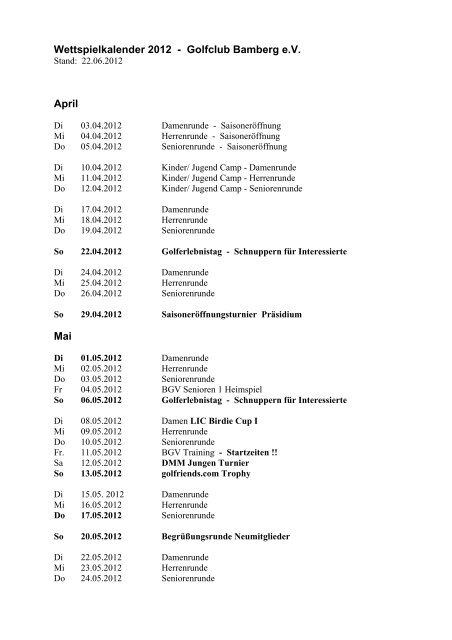 Turnierkalender 2012 Golfclub Bamberg auf Gut Leimershof e