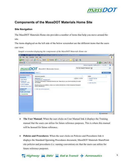 MassDOT Materials SharePoint Site Novice Users Training Program