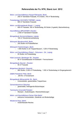 Referenzliste in Textform - NTK - Naturstein Technik Konstruktion