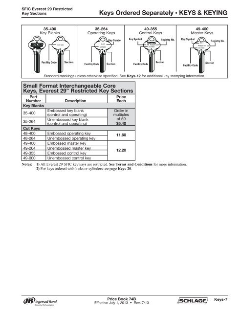 Yale Key Blank Chart