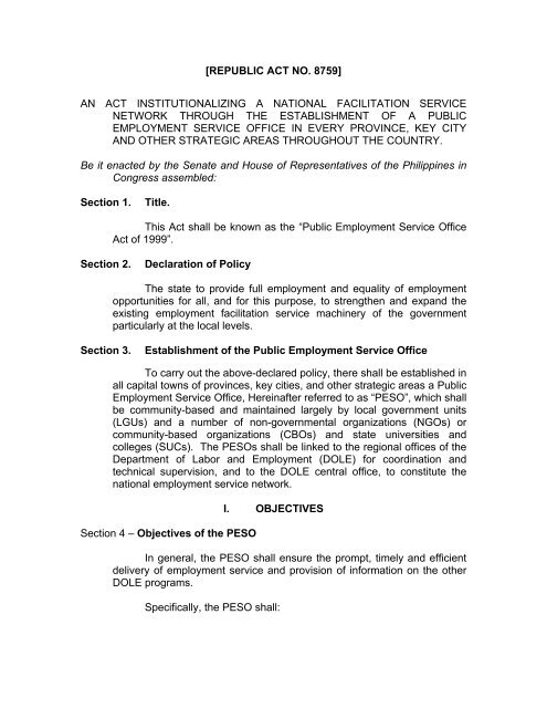 PESO ACT - Public Employment Service Office - DOLE