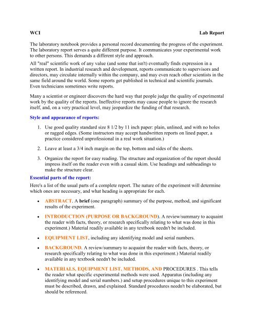 Format And Example Of Lab Report The Burns Home Page