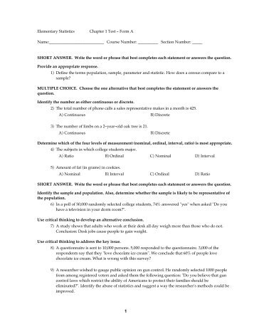 Elementary Statistics Chapter 1 Test - Form A Name: Course ...