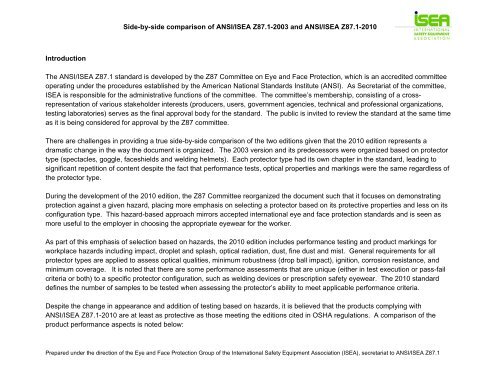 Side-by-side comparison of ANSI/ISEA Z87.1-2003 and ... - US Safety