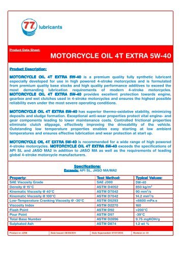 4298 MOTORCYCLE OIL 4T EXTRA 5W-40 - 77 Lubricants