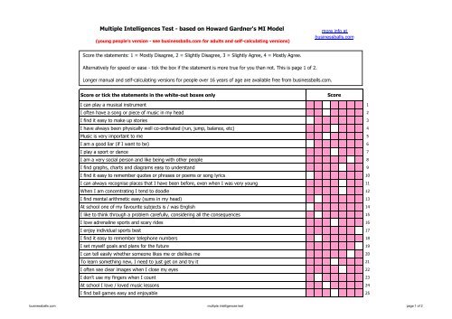 Multiple Intelligences Test - based on Howard ... - Businessballs