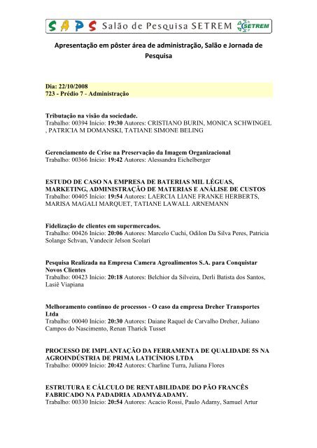 ApresentaÃ§Ã£o em pÃ´ster Ã¡rea de administraÃ§Ã£o, SalÃ£o e ... - Setrem