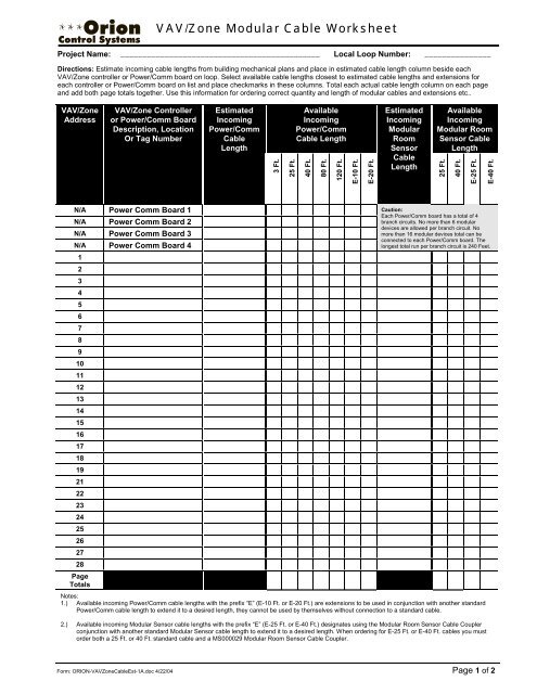 VAV/Zone Modular Cable Worksheet - Orion Control Systems