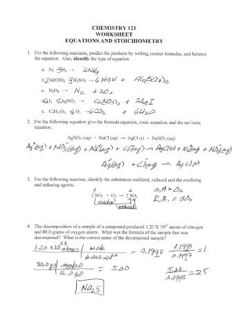 CHEMISTRY 121 WORKSHEET EQUATIONS AND STOICHIOMETRY