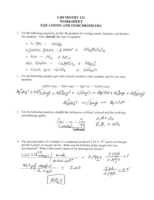 CHEMISTRY 121 WORKSHEET EQUATIONS AND STOICHIOMETRY