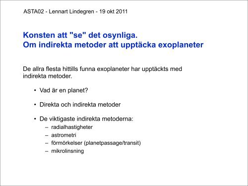 "se" det osynliga. Om indirekta metoder att upptÃ¤cka exoplaneter