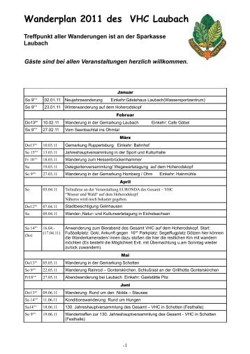 Wanderplan 2011 des VHC Laubach