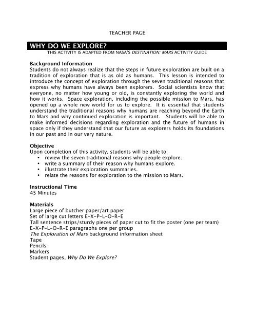 Learning Exploration Page Why Do We Explore? Teacher Page - Challenger Learning Center
