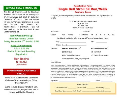 Jingle Bell Stroll 5K Run/Walk Registraion Form - City of Brenham