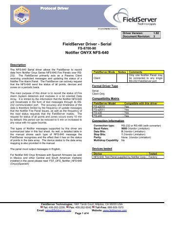 FieldServer Driver - Serial Notifier ONYX NFS-640 - Chipkin ...
