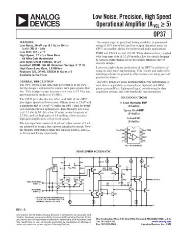 OP37 Low Noise, Precision, High Speed Operational Amplifier ...