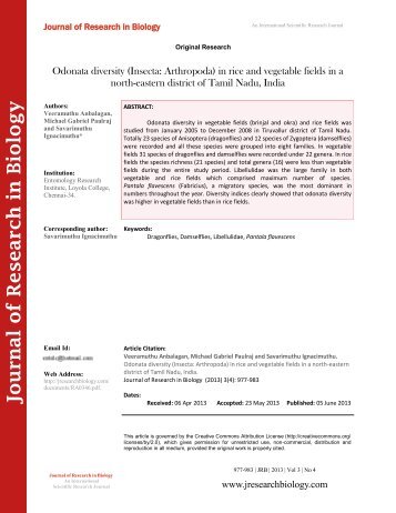 Odonata diversity (Insecta: Arthropoda) in rice and vegetable fields in a north-eastern district of Tamil Nadu, India