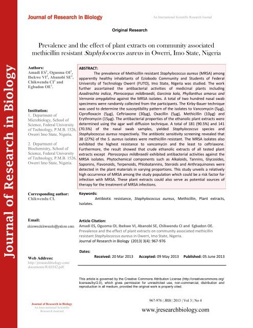 Prevalence and the effect of plant extracts on community associated methicillin resistant Staphylococcus aureus in Owerri, Imo State, Nigeria