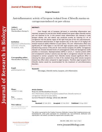 Anti-inflammatory activity of lycopene isolated from Chlorella marina on carrageenan-induced rat paw edema