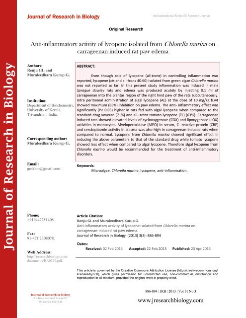 Anti-inflammatory activity of lycopene isolated from Chlorella marina on carrageenan-induced rat paw edema