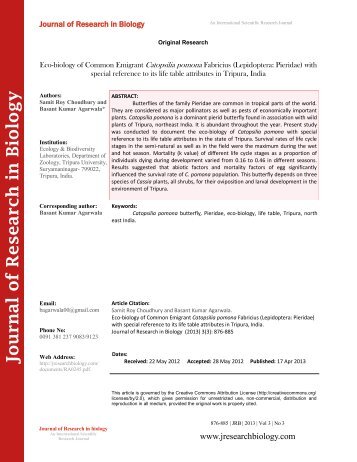 Eco-biology of Common Emigrant Catopsilia pomona Fabricius (Lepidoptera: Pieridae) with special reference to its life table attributes in Tripura, India