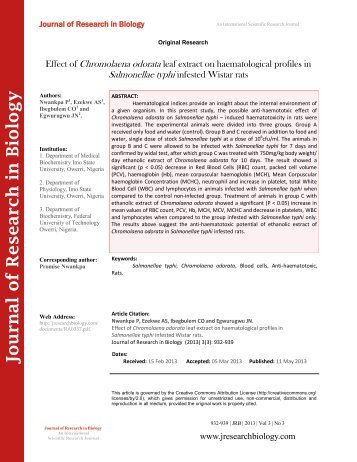 Effect of Chromolaena odorata leaf extract on haematological profiles in Salmonellae typhi infested Wistar rats