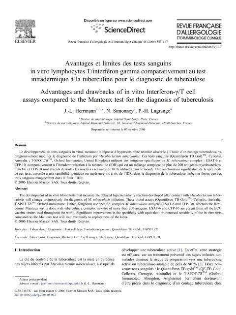 Avantages et limites des tests sanguins in vitro lymphocytes T ...