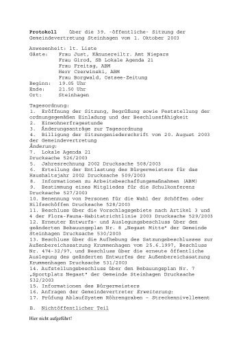 Protokoll zur Gemeindevertretersitzung vom 01.10.2003 - Negast