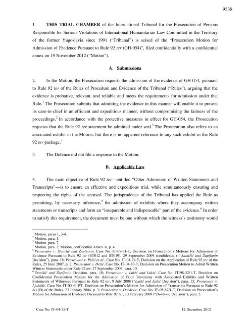 Decision on Prosecution Motion for admission of evidence of ... - ICTY