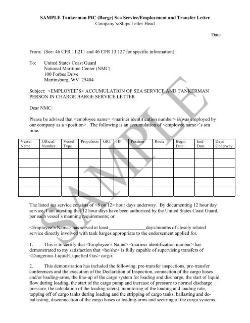 Sample Sea Service Letter for Tankerman (PIC ... - The River School