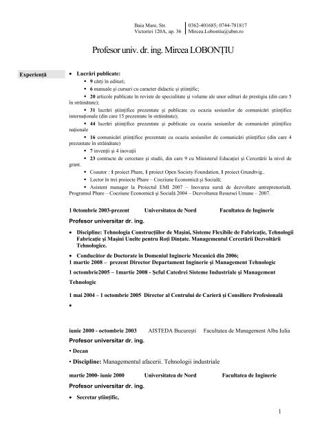 CV - Facultatea de Inginerie - Universitatea TehnicÄ